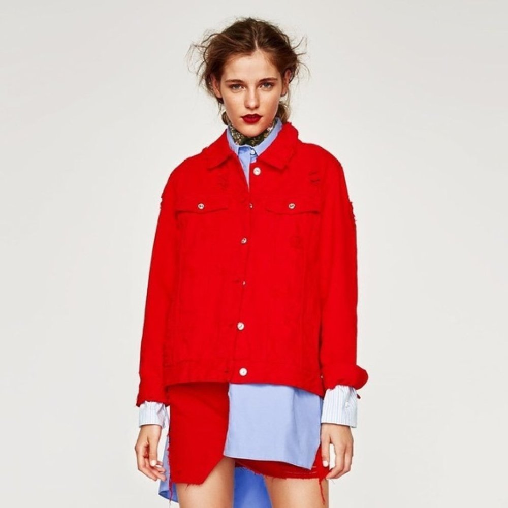 Zara Distressed Oversized Red Denim Jean Jacket